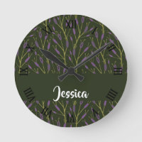 Purple and brown floral branches pattern round clock