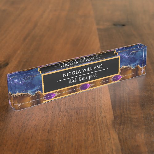 Purple and Brown Glitter Peacock Agate Desk Name Plate