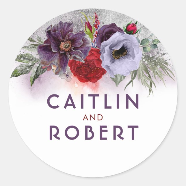 Purple and Burgundy Silver Glitter Floral Wedding Classic Round Sticker (Front)