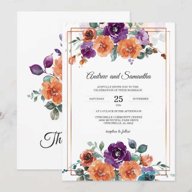 Purple and Burnt Orange Wedding Colors Invitation | Zazzle
