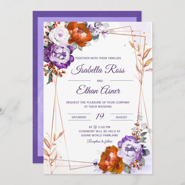 Purple and Burnt Orange Wedding Invitation (Front/Back)