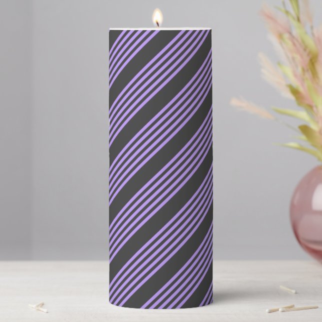 Purple and charcoal five stripe pattern pillar candle (In Situ)