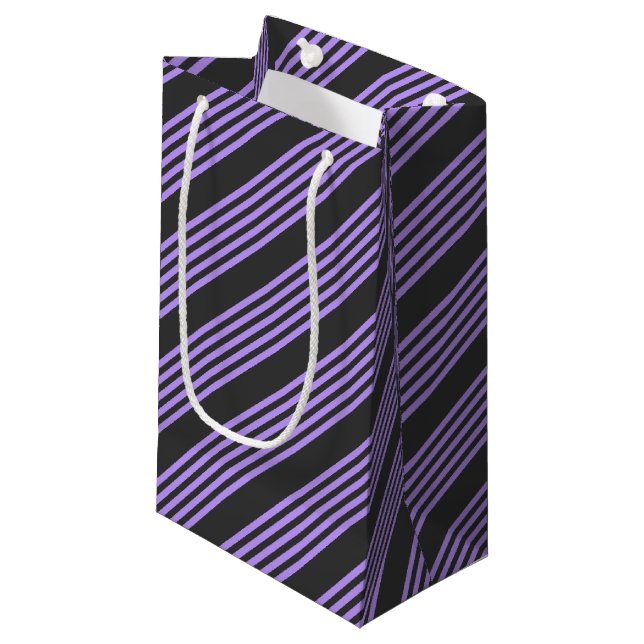 Purple and charcoal five stripe pattern small gift bag (Front Angled)