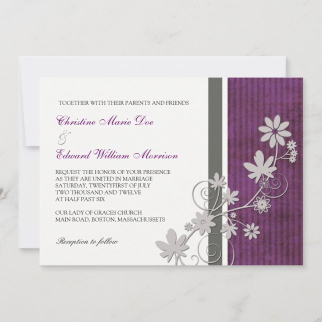 Purple and Charcoal Flower Wedding Invitation (Front)