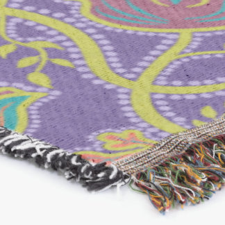Purple and Chartreuse Floral Chintz Outdoor Rug Throw Blanket