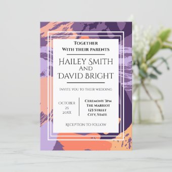 Purple and Coral Abstract Modern Wedding Invitation | Zazzle