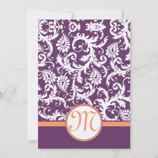 Purple and Coral Damask Swirl Wedding Invitations