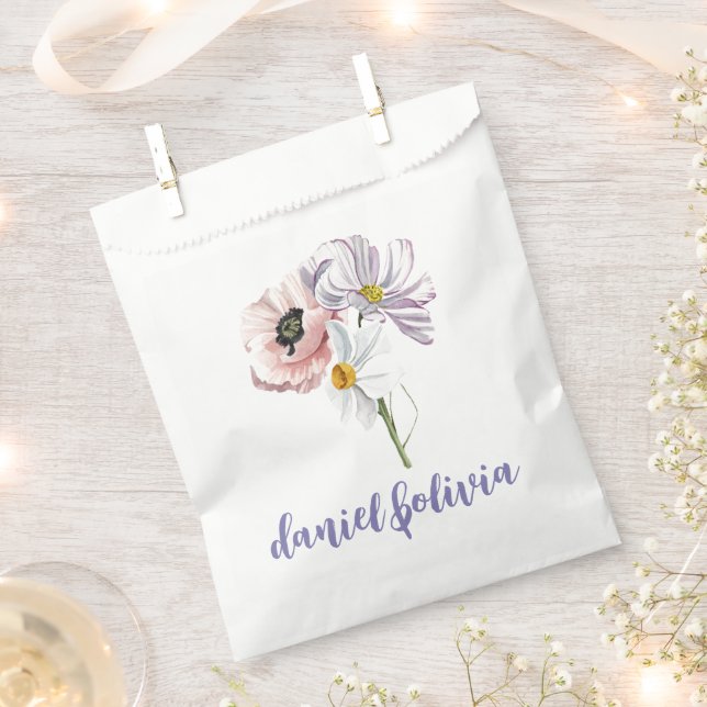 Purple and Cream Floral Bordered Wedding Favor Bag (Clipped)
