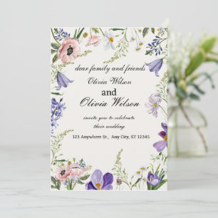Purple and Cream Floral Bordered Wedding Invitatio Invitation