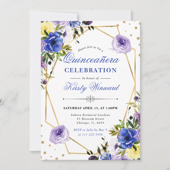 Purple and Cream Flowers and Frame Quinceanera Invitation (Front)