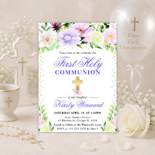 Purple and Cream Flowers First Holy Communion Invitation