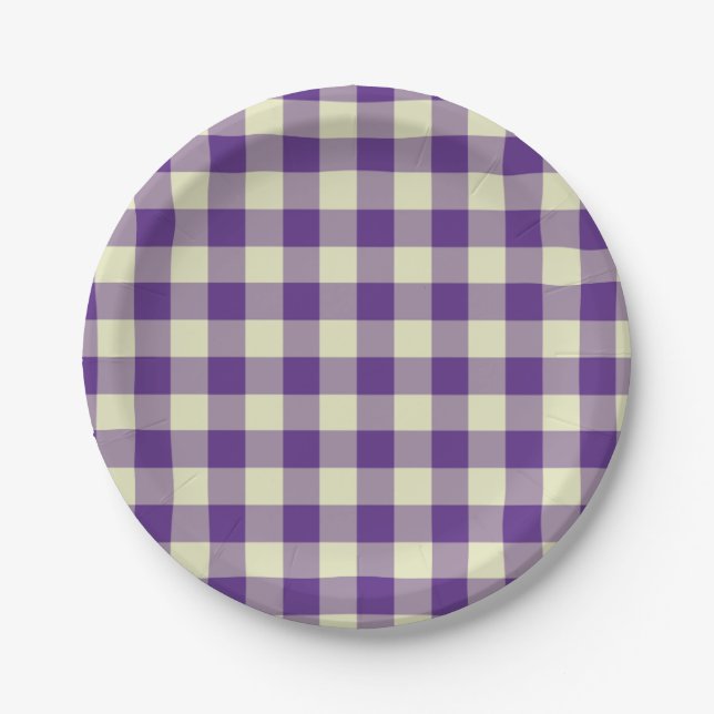 Purple and Cream Gingham Pattern Paper Plates (Front)