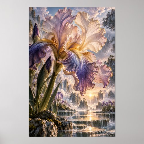 Purple and Cream Iris with Waterfall Landscape Wal Poster