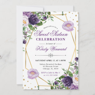 Purple and Cream Spring Flowers Frame Sweet 16 Invitation