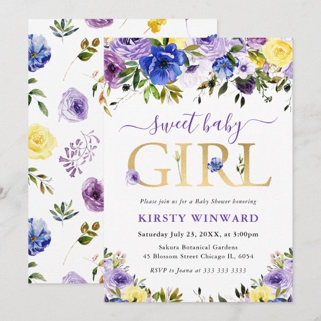 Purple and Cream Summer Flowers Baby Shower Invitation (Front/Back)