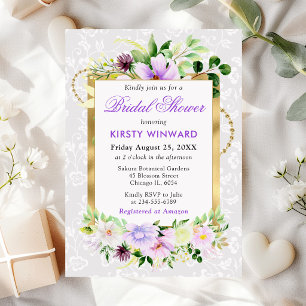 Purple and Cream Summer Flowers Gold Bridal Shower Invitation