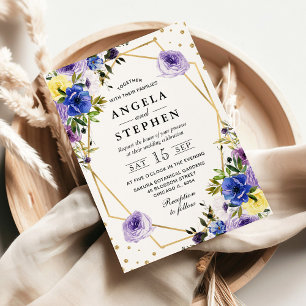 Purple and Cream Summer Flowers Gold Frame Wedding Invitation