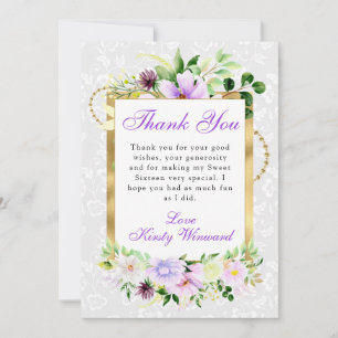Purple and Cream Summer Flowers Gold Sweet 16 Thank You Card