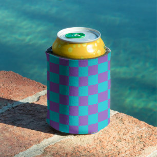 Purple and Cyan Checkerboard Can Cooler