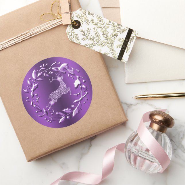 Purple and Diamond Reindeer, Wreath Christmas Classic Round Sticker (Gifting)