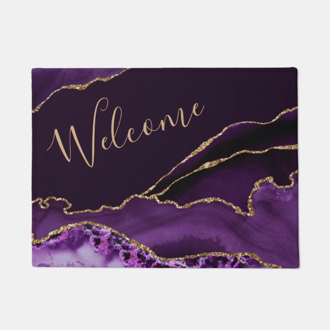 Purple and Faux Gold Glitter Marble Agate Doormat (Front)