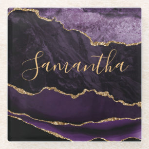 Purple and Faux Gold Glitter Marble Agate Glass Coaster