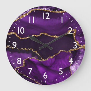 Purple and Faux Gold Glitter Marble Agate Large Clock