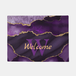 Purple and Faux Gold Glitter Marble Agate Monogram Doormat