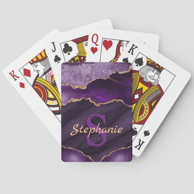 Purple and Faux Gold Glitter Marble Agate Monogram Poker Cards (Back)