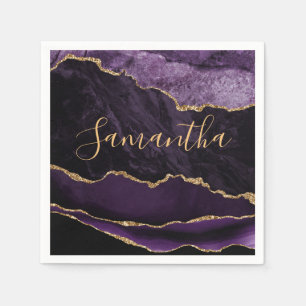 Purple and Faux Gold Glitter Marble Agate Napkins