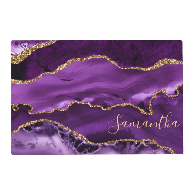 Purple and Faux Gold Glitter Marble Agate Placemat (Front)