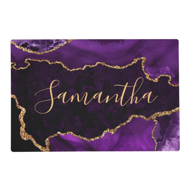 Purple and Faux Gold Glitter Marble Agate Placemat (Front)
