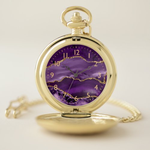 Purple and Faux Gold Glitter Marble Agate Pocket Watch