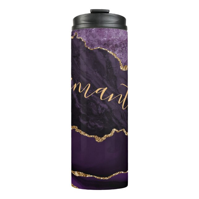 Purple and Faux Gold Glitter Marble Agate Thermal Tumbler (Front)