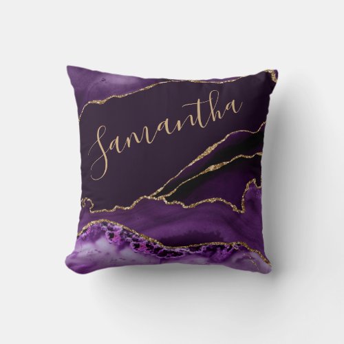 Purple and Faux Gold Glitter Marble Agate Throw Pillow