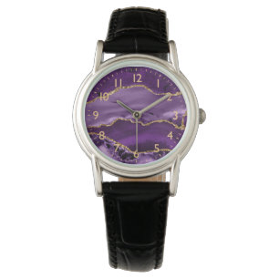 Purple and Faux Gold Glitter Marble Agate Watch