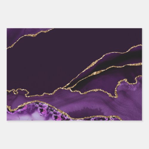 Purple and Faux Gold Glitter Marble Agate Wrapping Paper Sheets