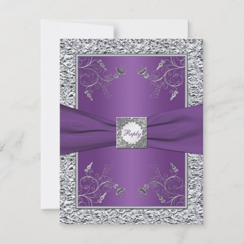 Purple and FAUX Silver Foil Floral RSVP Card