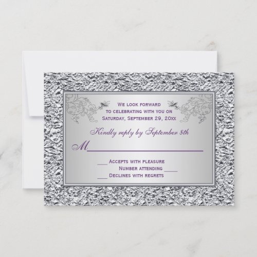 Purple and FAUX Silver Foil Floral RSVP Card II