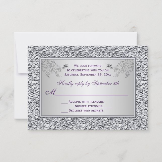 Purple and FAUX Silver Foil Floral RSVP Card II (Front)
