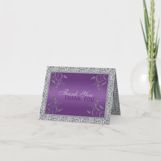 Purple and FAUX Silver Foil Floral Thank You Card (Front)