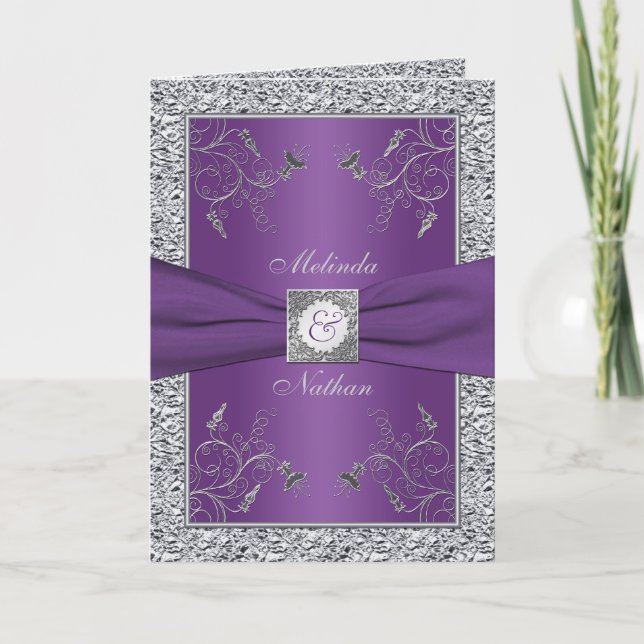 Purple and FAUX Silver Foil Floral Wedding Card (Front)