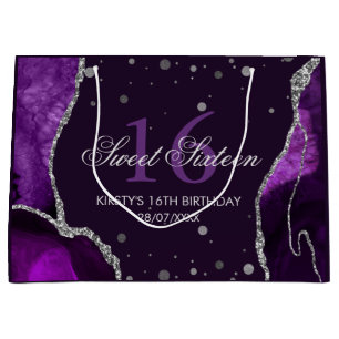 Purple and Faux Silver Glitter Agate Sweet 16 Large Gift Bag