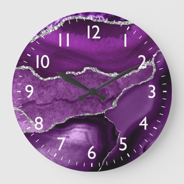 Purple and Faux Silver Glitter Marble Agate Large Clock (Front)