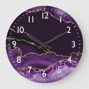 Purple and Faux Silver Glitter Marble Agate Large Clock