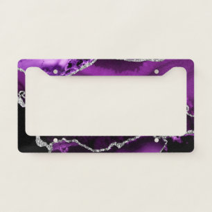 Purple and Faux Silver Glitter Marble Agate License Plate Frame