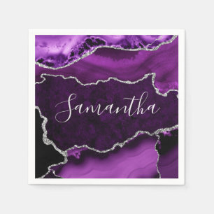 Purple and Faux Silver Glitter Marble Agate Napkins