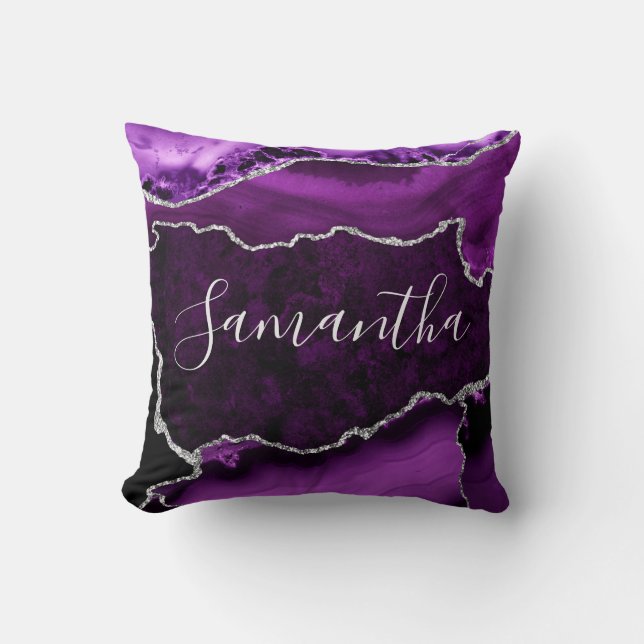 Purple and Faux Silver Glitter Marble Agate Throw Pillow (Front)