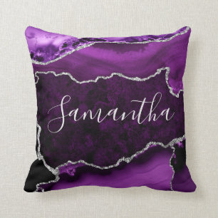 Purple and Faux Silver Glitter Marble Agate Throw Pillow