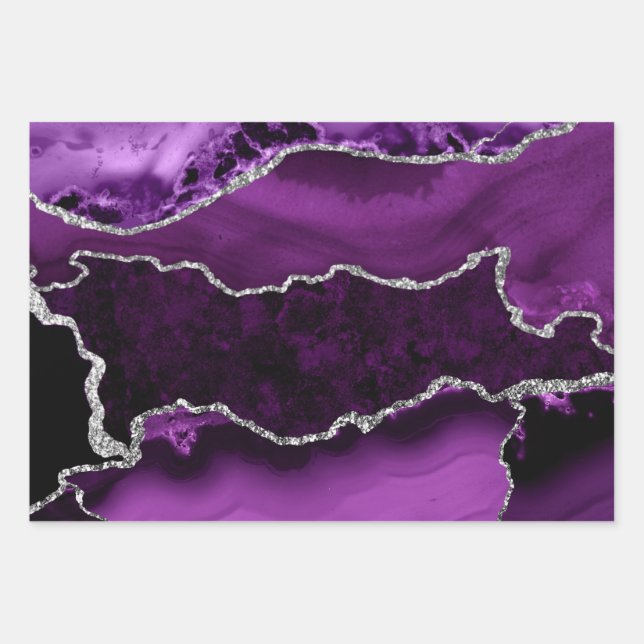 Purple and Faux Silver Glitter Marble Agate Wrapping Paper Sheets (Front)